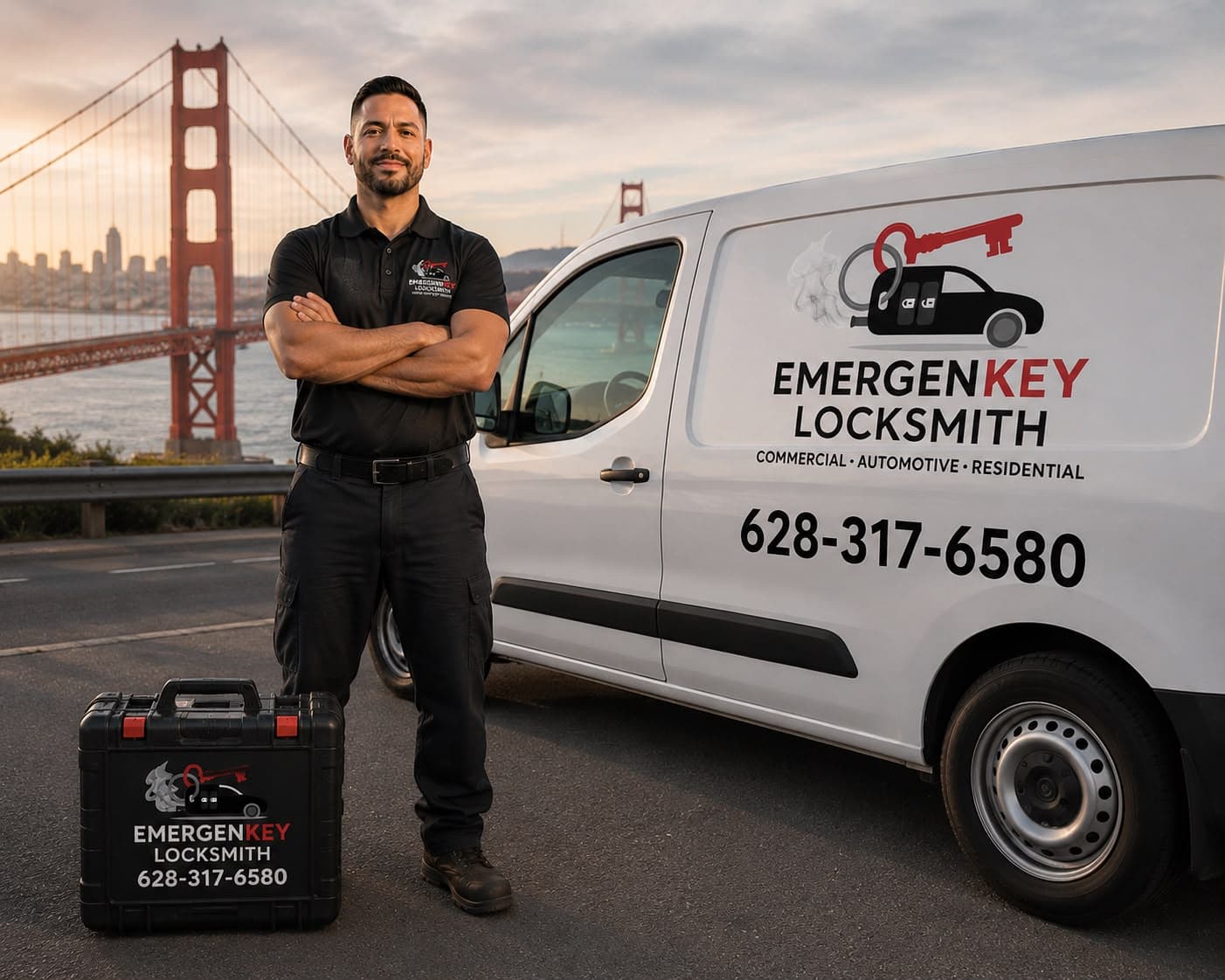 EmergenKey locksmith technician and service van at the Golden Gate Bridge in the San Francisco Bay Area