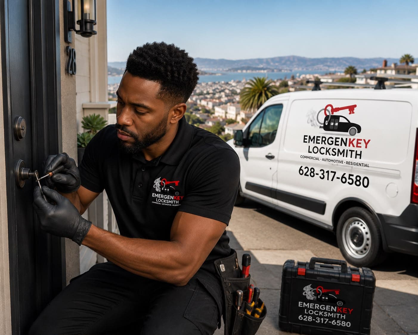EmergenKey technician opening a residential door lock in the San Francisco Bay Area